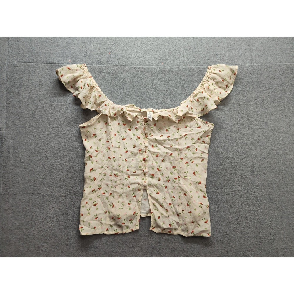 H&M Women Tops M Cream Floral Print Button Off The Shoulder Ruffled Slit‎ Casual
